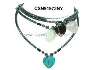 Semi precious Stone Heart Pendant Hematite Beads Stone Chain Choker Fashion Women Necklace